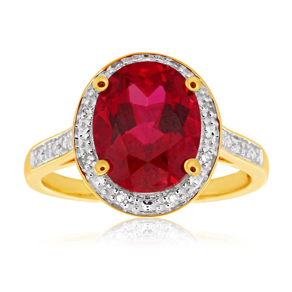 9ct Yellow Gold Created Ruby 10x8mm and Diamond Ring