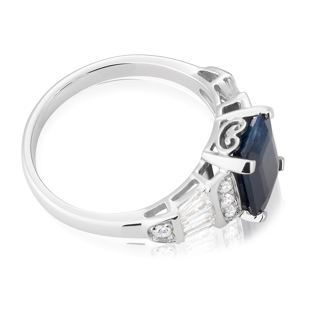18ct White Gold Natural Black Sapphire 3.00ct Emerald Cut Ring with 0.50ct Diamonds