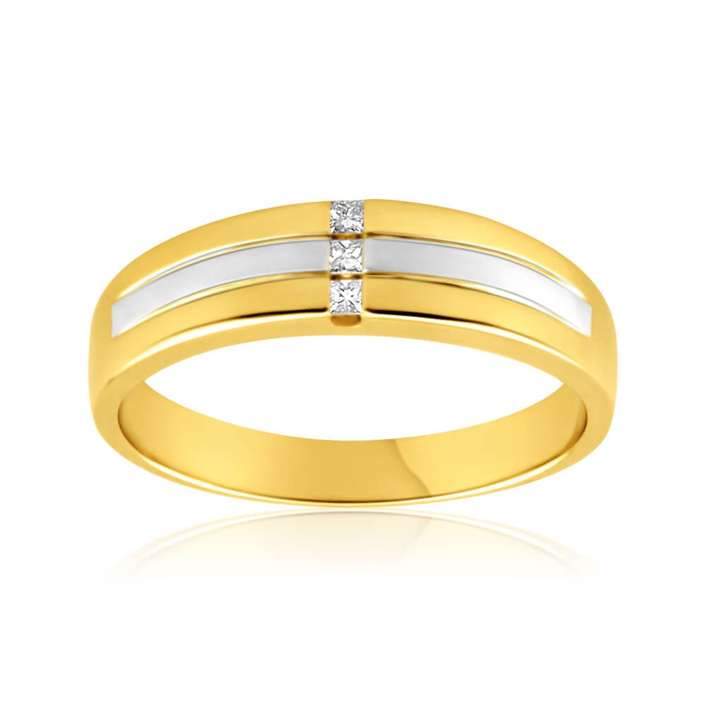 9ct Yellow Gold Grooved Gents Diamond Ring