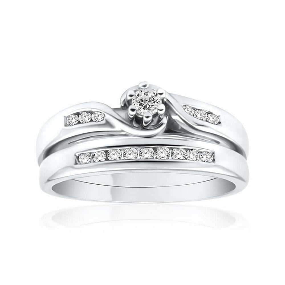 9ct White Gold 2 Ring Bridal Set With 0.2 Carats Of Diamonds