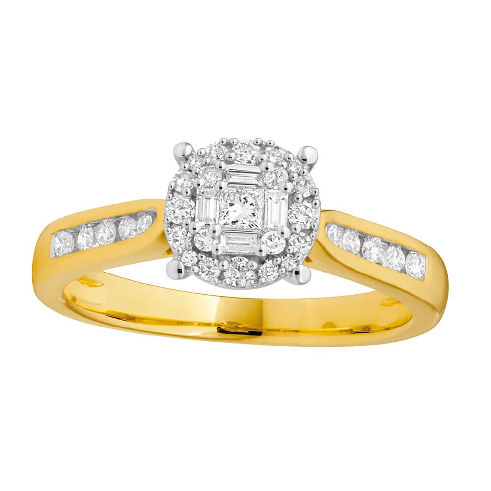 9ct Yellow Gold 0.40 Carat Diamond Ring with Brilliant Princess and Baguette Diamonds