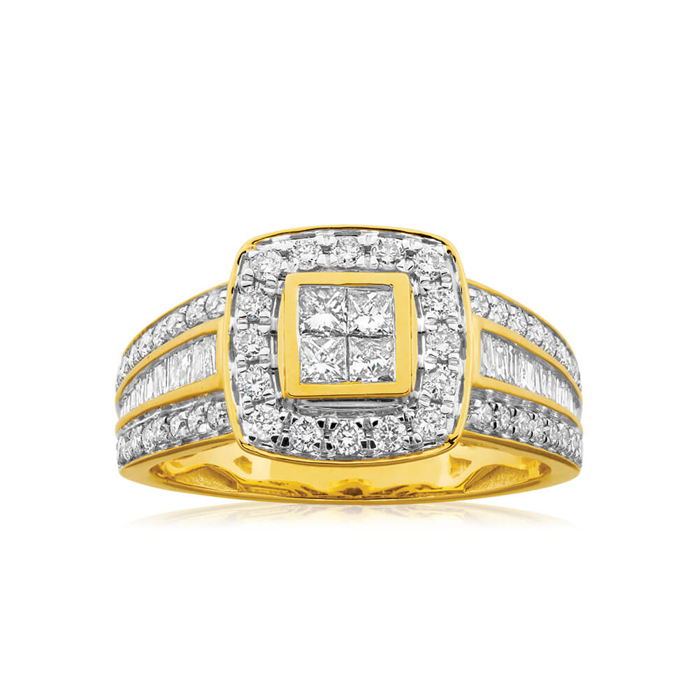 9ct Yellow Gold 1 Carat Diamond Ring Set with 76 Stunning Diamonds ...