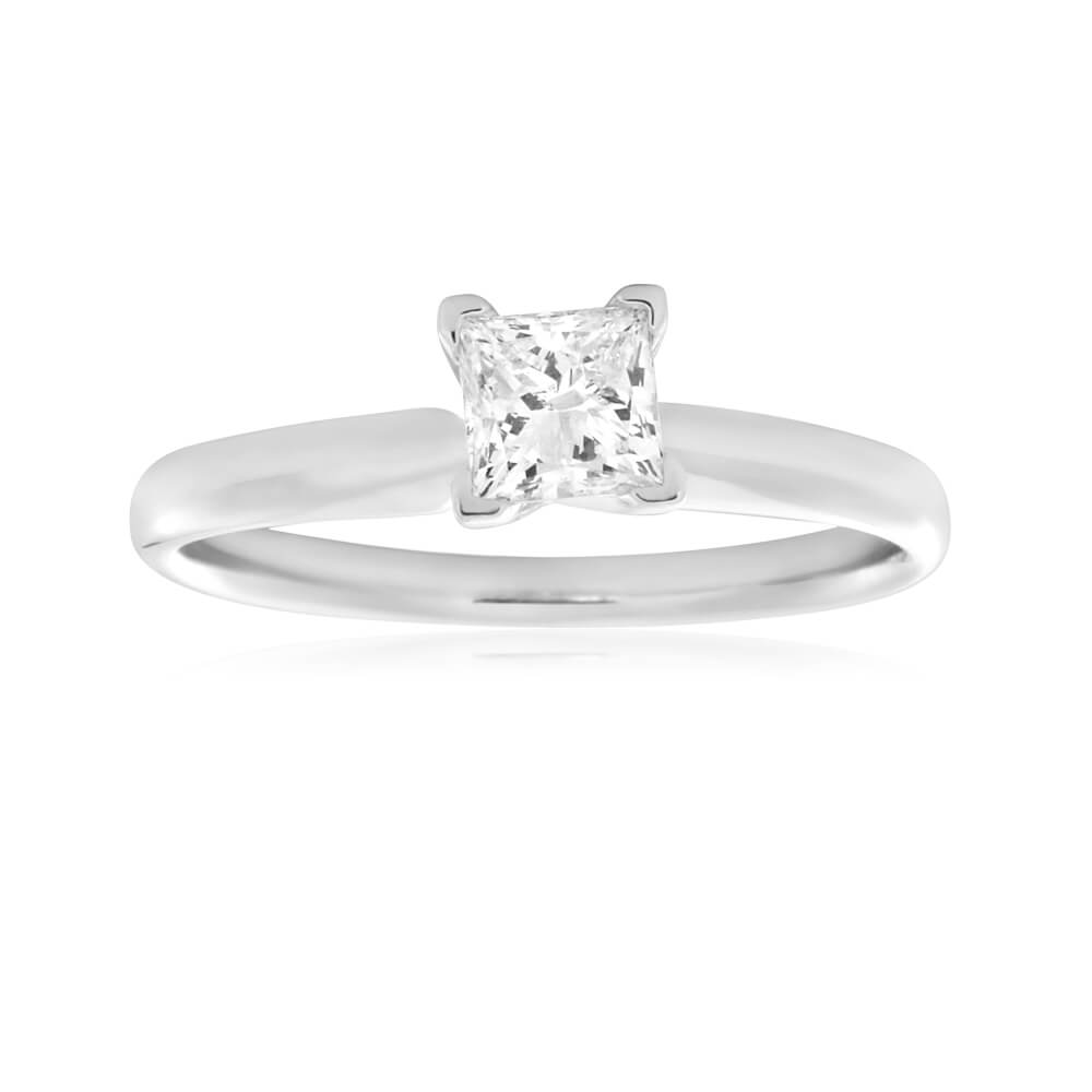 14ct White Gold Solitaire Ring With 50 Point Princess Cut Diamond