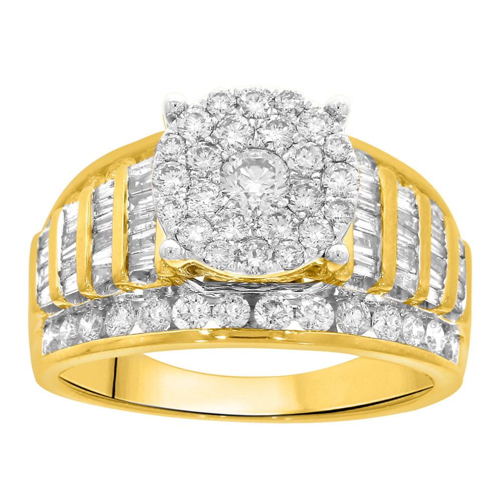 9ct Yellow Gold 2 Carat Diamond Ring set with 53 Brilliant and 44 Taperd Diamonds