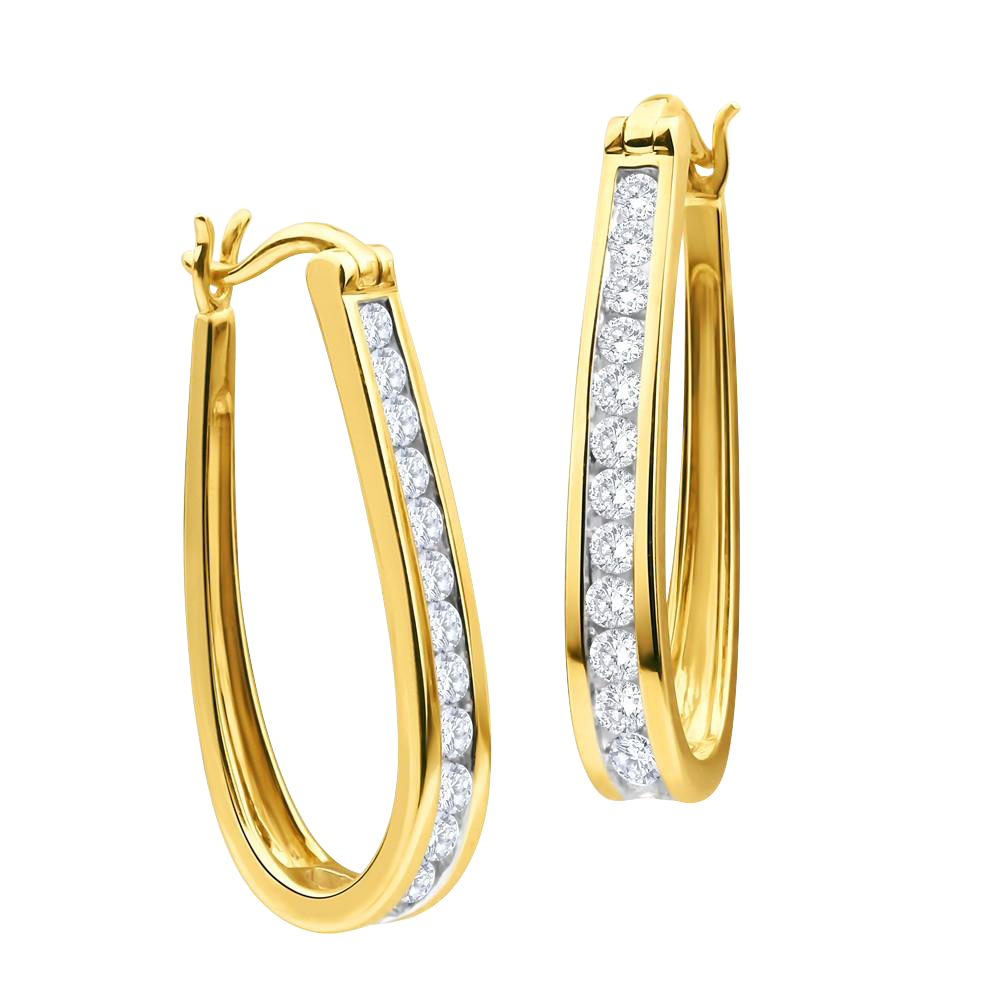 9ct Yellow Gold 1 Carat Chanel Set Hoop Earrings with 28 Brilliant Diamonds