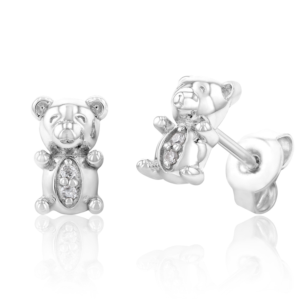 Sterling Silver Diamond Teddy Bear Stud Earrings