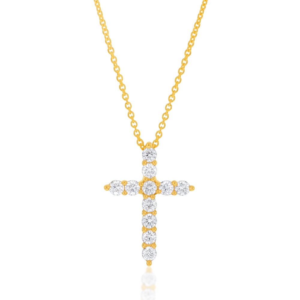 Flawless Cut 1/4 Carat Diamond Cross Pendant in 9ct Yellow Gold 45CM Chain Included
