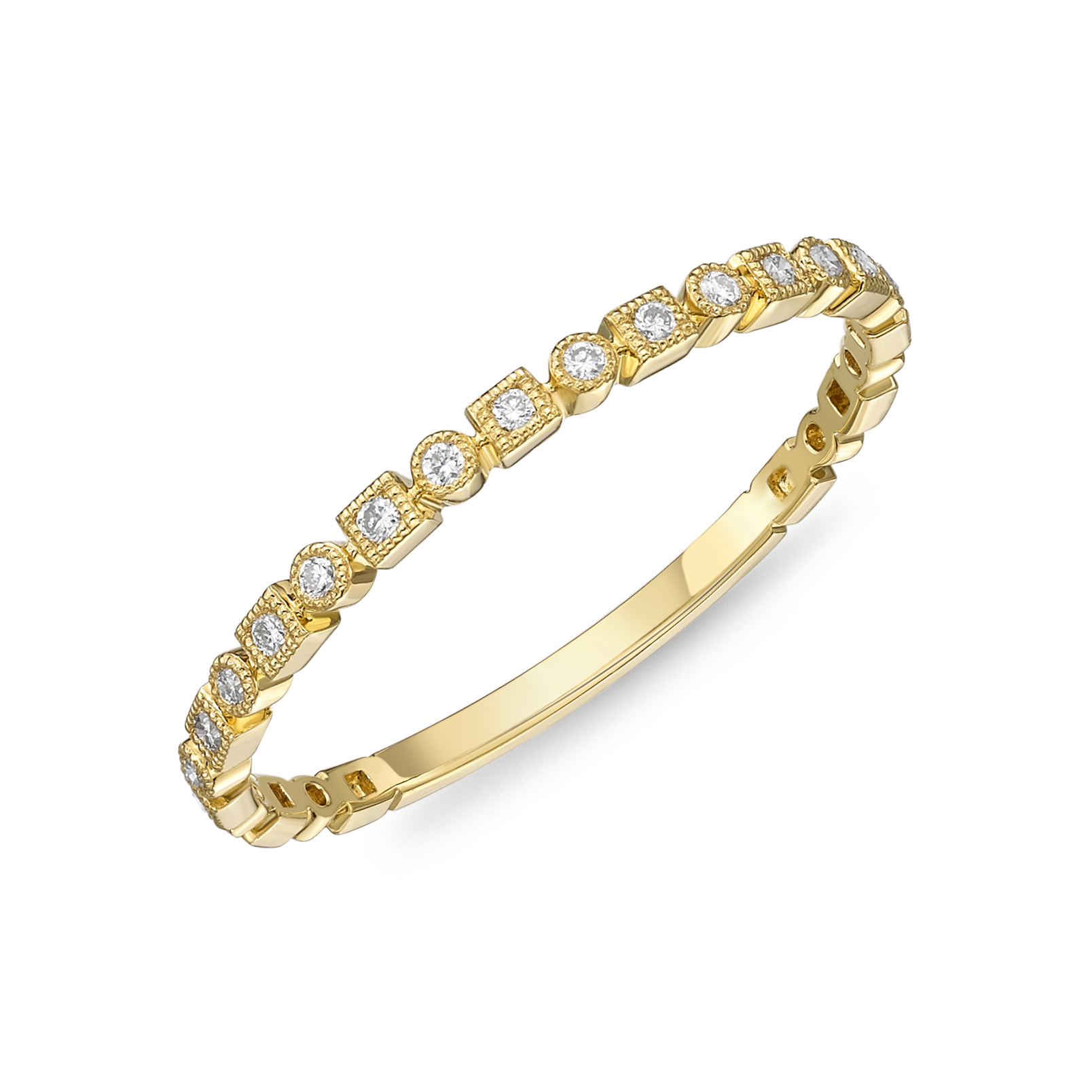Memoire 18ct Yellow Gold Vintage Square and Round Stack Ring with 17 Diamonds