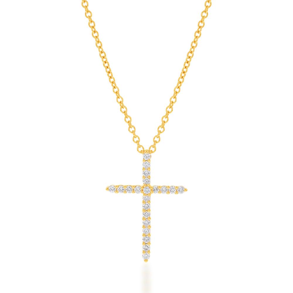 Memoire 18ct Yellow Gold 1/5 Carat Diamond Single Prong Cross Pendant on 45cm Chain