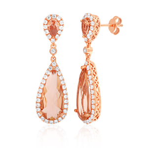 Peach Cubic Zirconia Pear Shaped and White Cubic Zirconia Halo Drop Earrings in Sterling Silver Rose Gold Plate