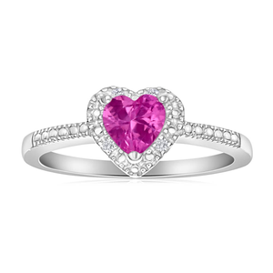 Sterling Silver Created Pink Sapphire and Diamond Set Rhodium Plated Ring