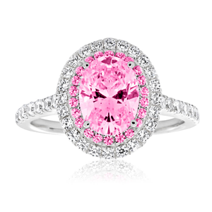 Sterling Silver Rhodium Plated Pink Zirconia Halo Ring