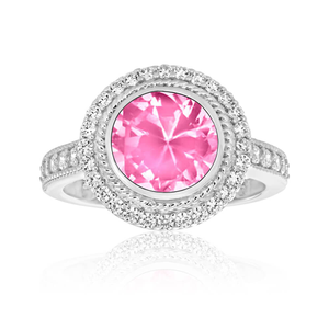 Sterling Silver Rhodium Plated Pink Zirconia Halo Ring