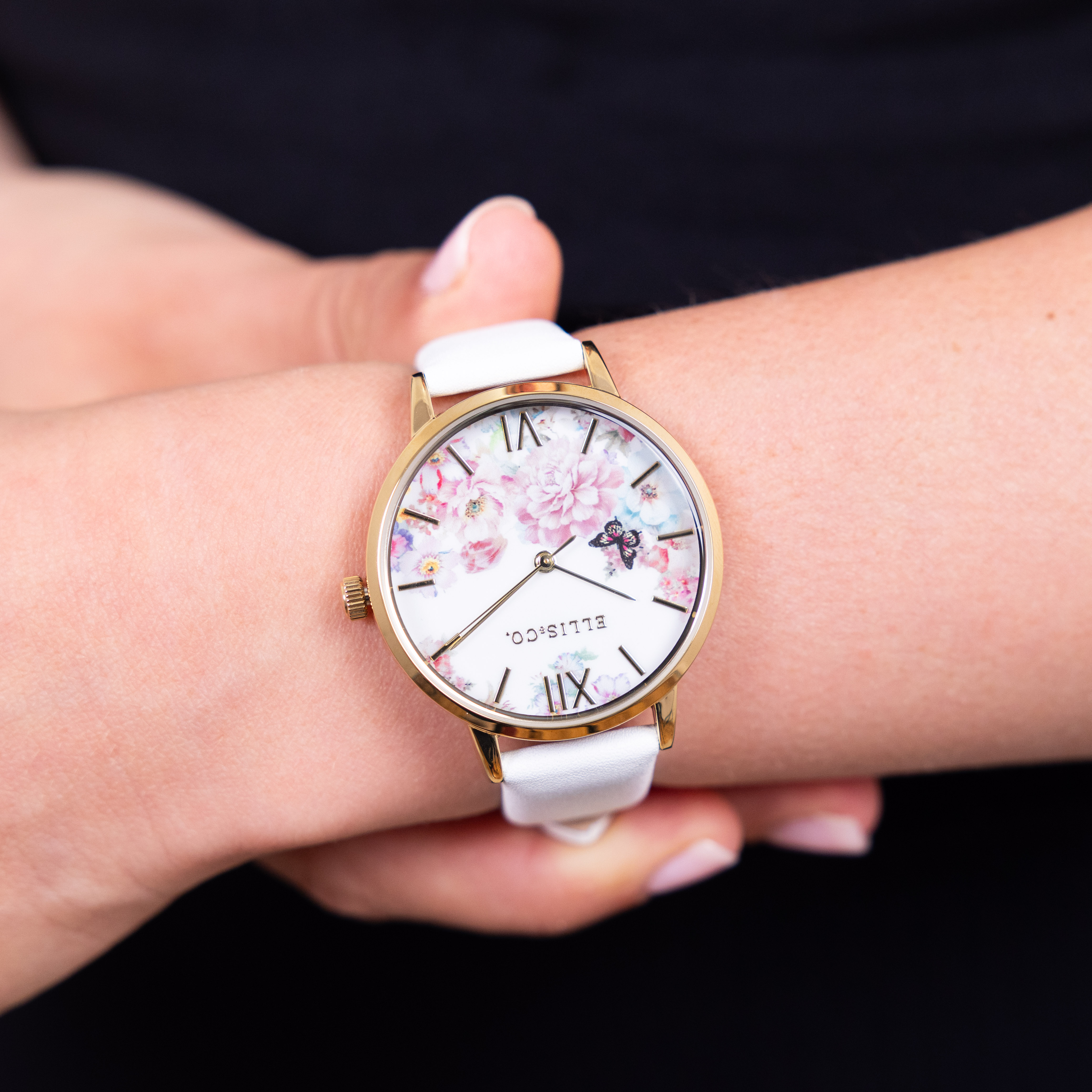 Ellis & Co 'Bloom' White Leather Floral Womens Watch