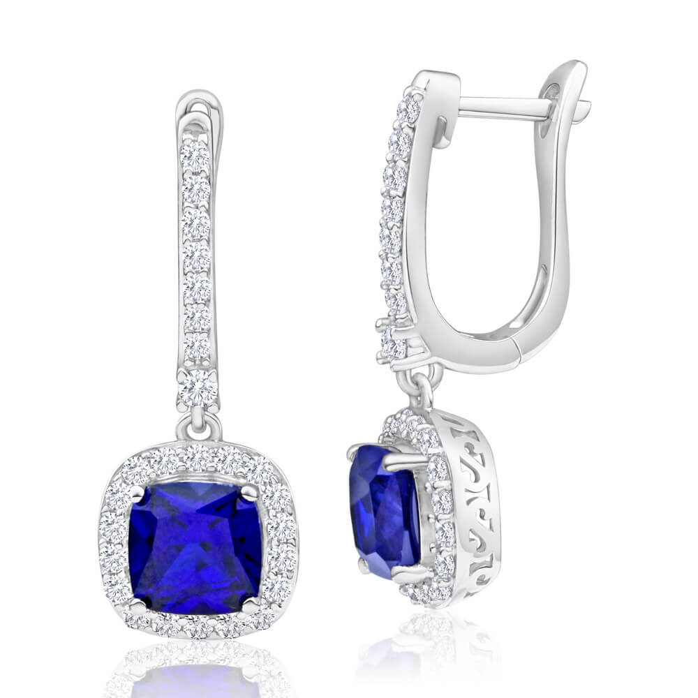 Sterling Silver Rhodium Plated Created Sapphire + Cubic Zirconia Drop Earrings
