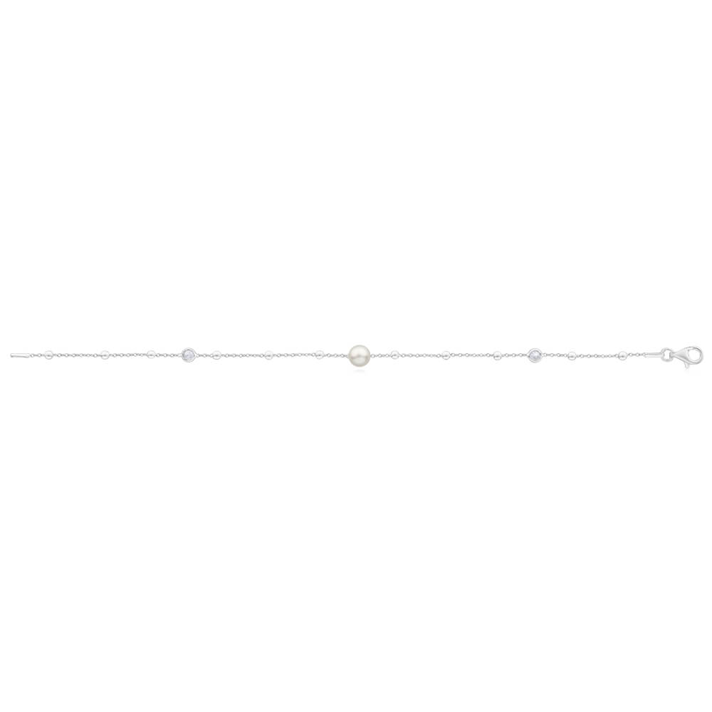 Sterling Silver Simulated Pearl + Zirconia Fancy Bracelet 19cm