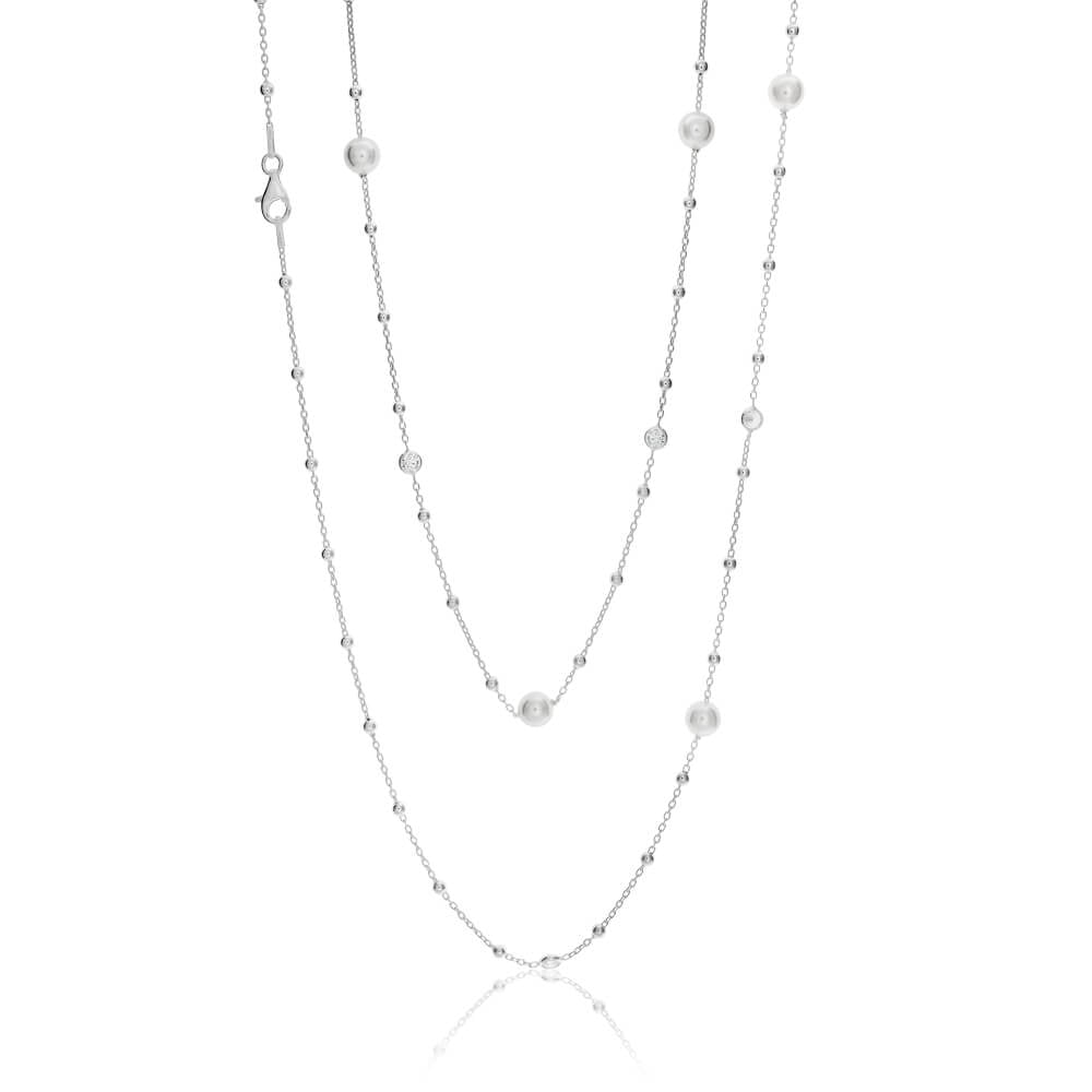 Sterling Silver Simulated Pearl, Bead and Zirconia Long Chain 80cm