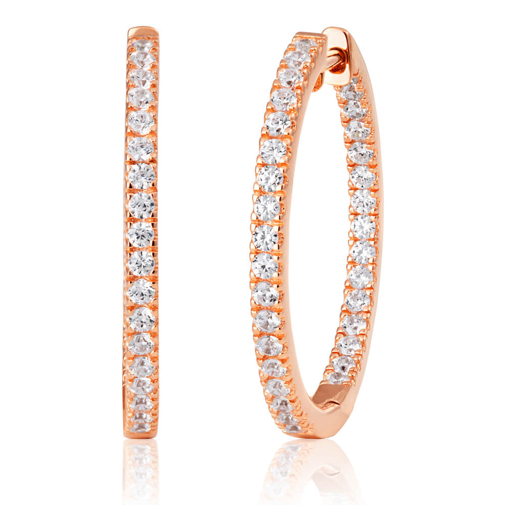 Rose Coloured Gold Plated Sterling Silver Cubic Zirconia Hoop Earrings
