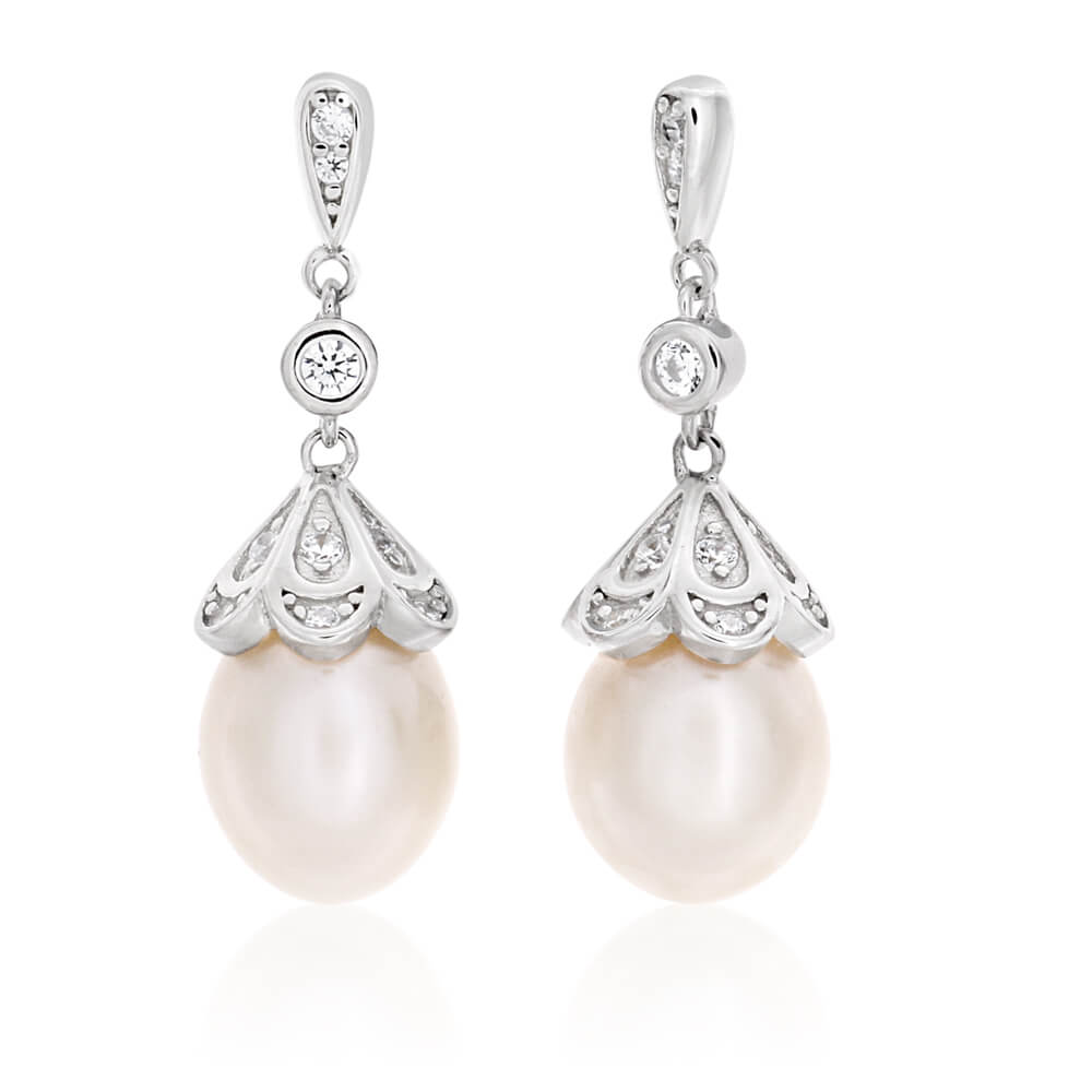 Sterling Silver White Freshwater Pearl + Cubic Zirconia Drop Earrings ...