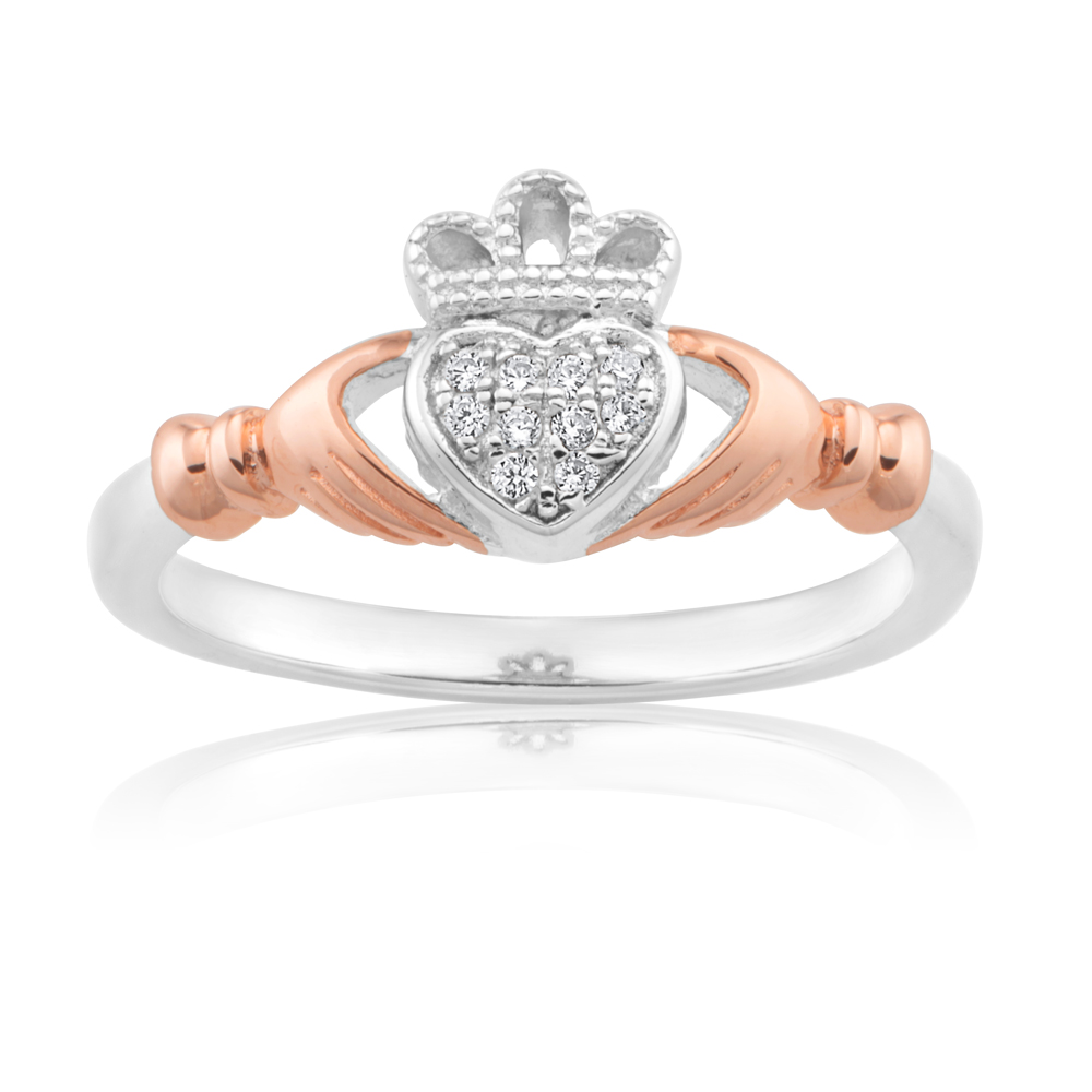 Sterling Silver and Rose Gold Plated Zirconia Claddagh Ring