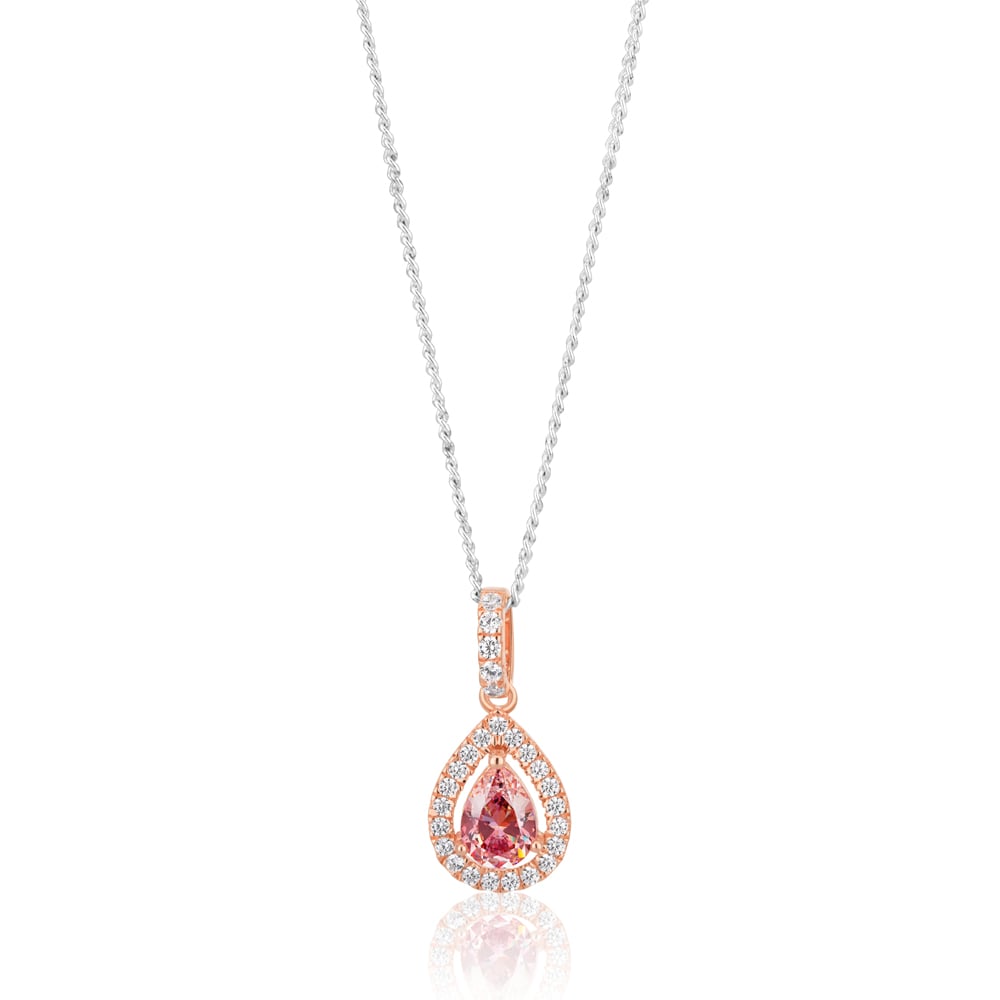 Sterling Silver Rose Plated Zirconia Pear Pendant