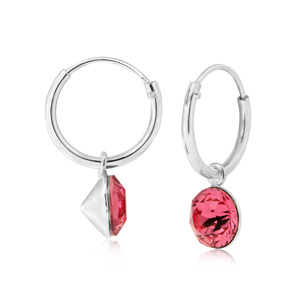 Sterling Silver 12mm Pink Swarovski Crystal 6mm Charm Hoop Earrings