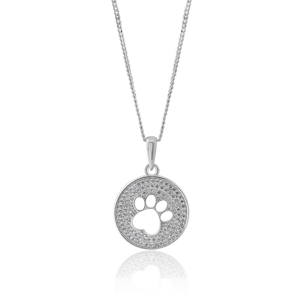 Sterling Silver Paw Print Zirconia Disc Pendant