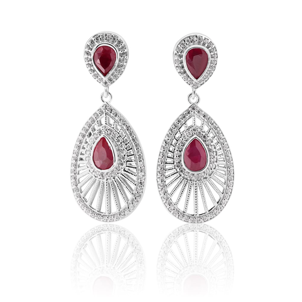 Sterling Silver Natural Enhanced Ruby and Zircon Drop Earrings