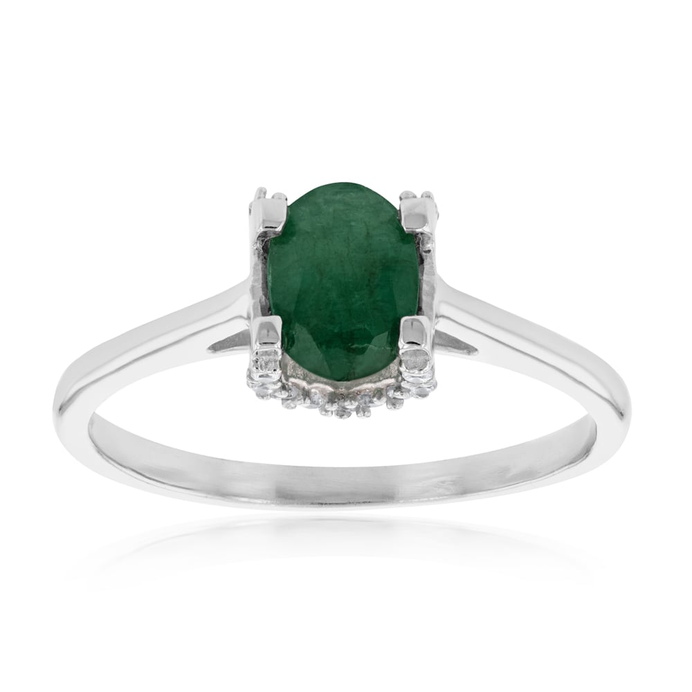 Sterling Silver Natural Enhanced Oval Emerald and White Zircon Ring