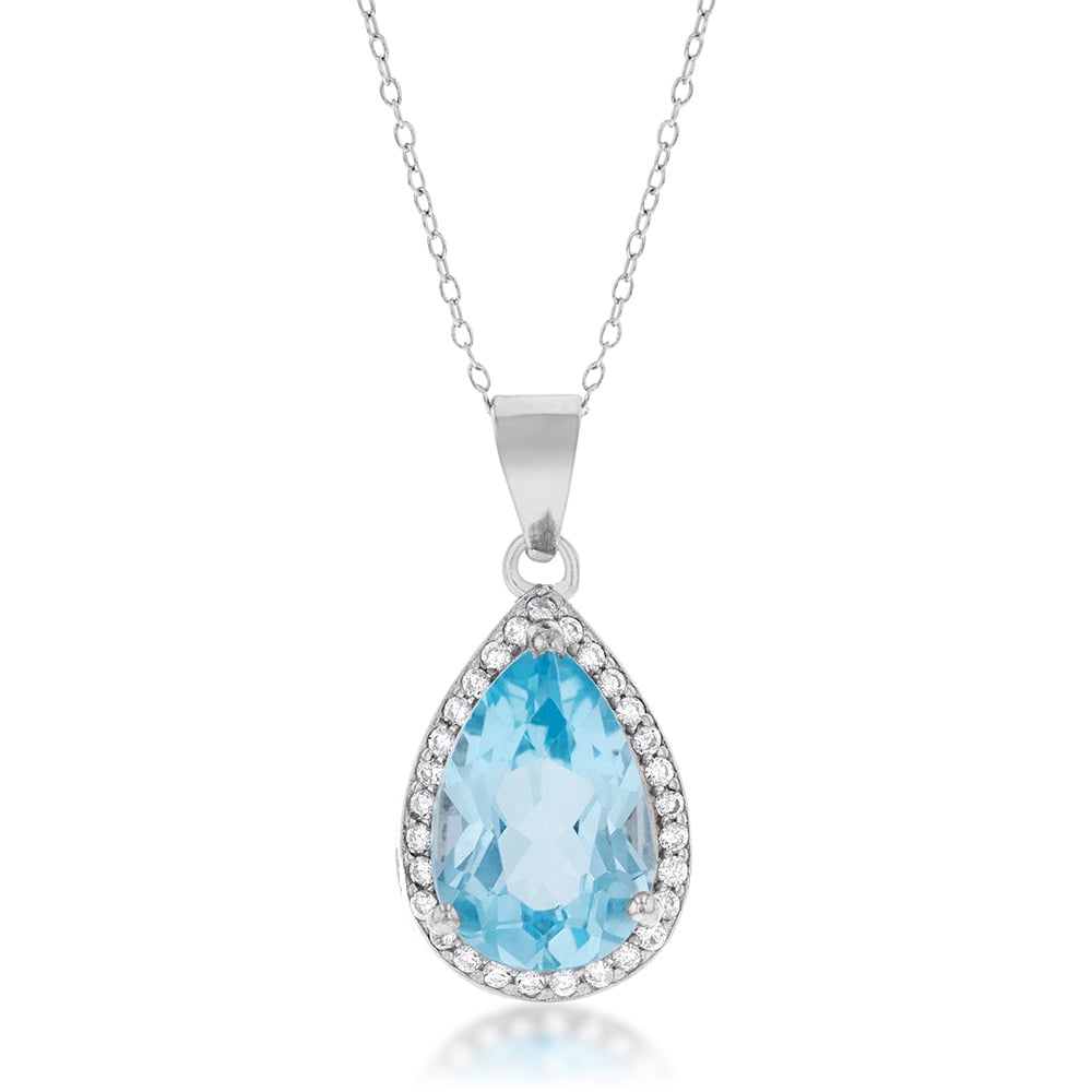 Sterling Silver Blue Topaz Pear 8x12mm and Zirconia Pendant with 45cm Chain
