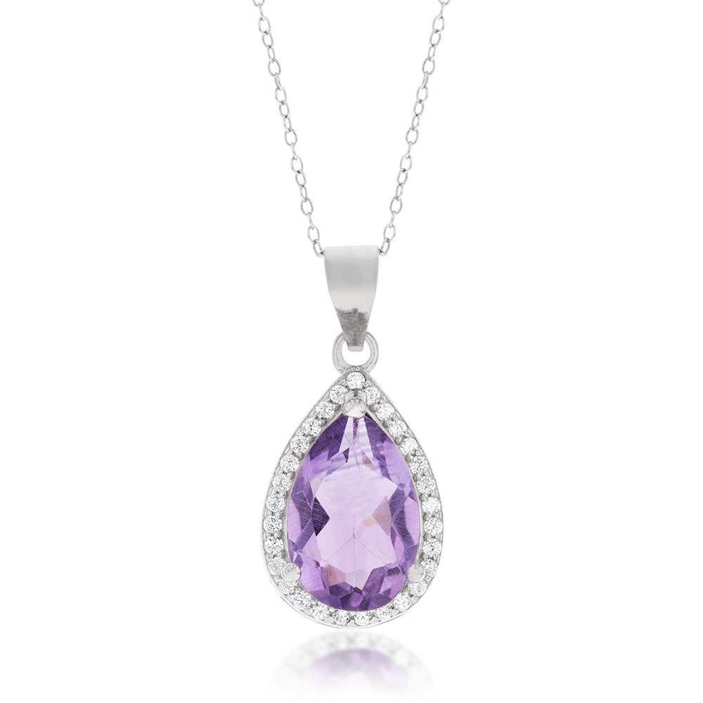 Sterling Silver Amethyst Pear 8x12mm and Zirconia Pendant with 45cm Chain