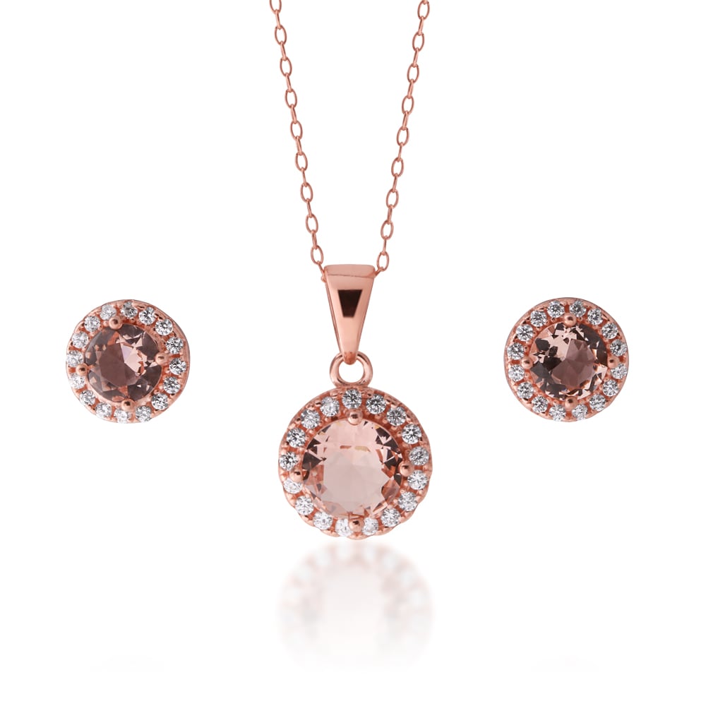 Sterling Silver Rose Plated Crystal and Zirconia Halo Stud and Pendant Set on Chain