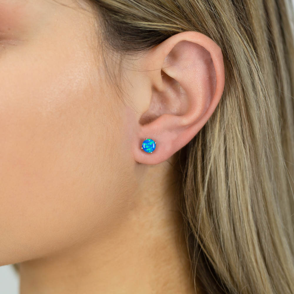 Sterling Silver 6mm Simulated 4 Claw Blue Opal Stud Earrings