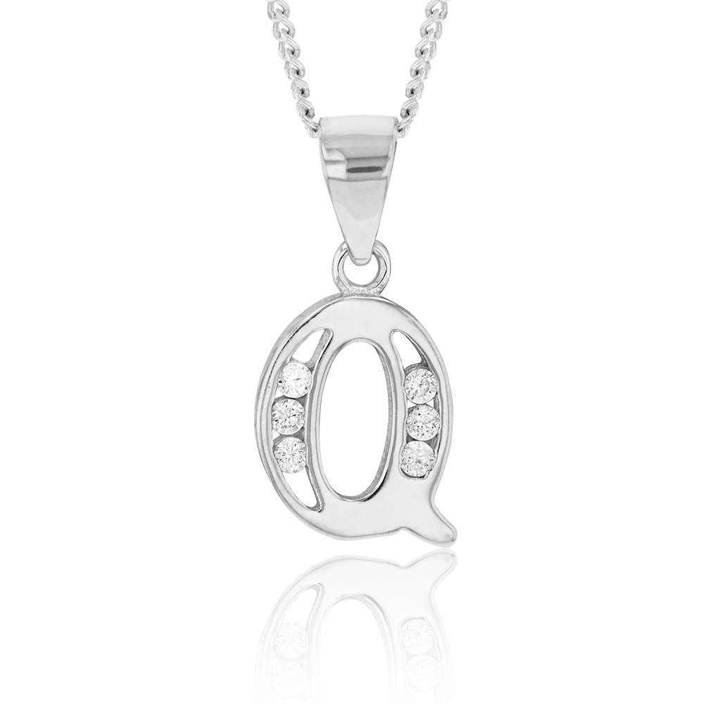 Sterling Silver Initial Zirconia  Initial "Q" Pendant
