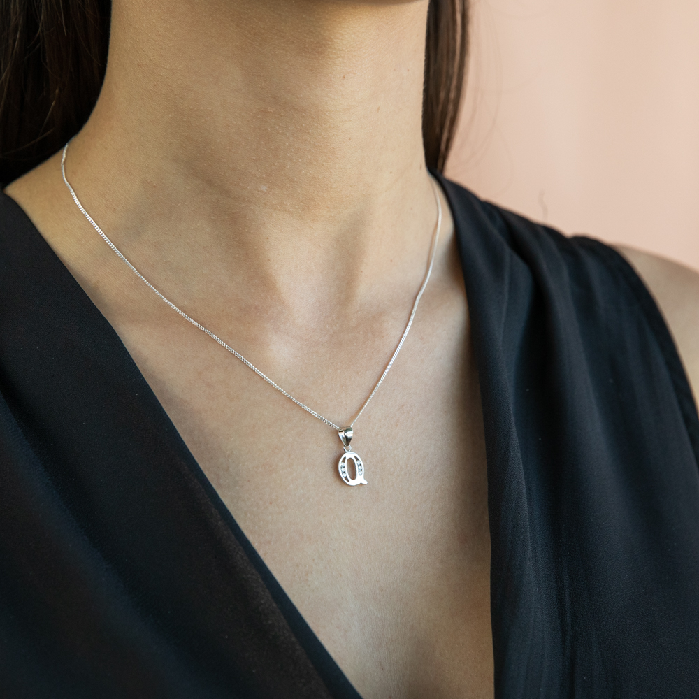 Sterling Silver Initial Zirconia  Initial "Q" Pendant