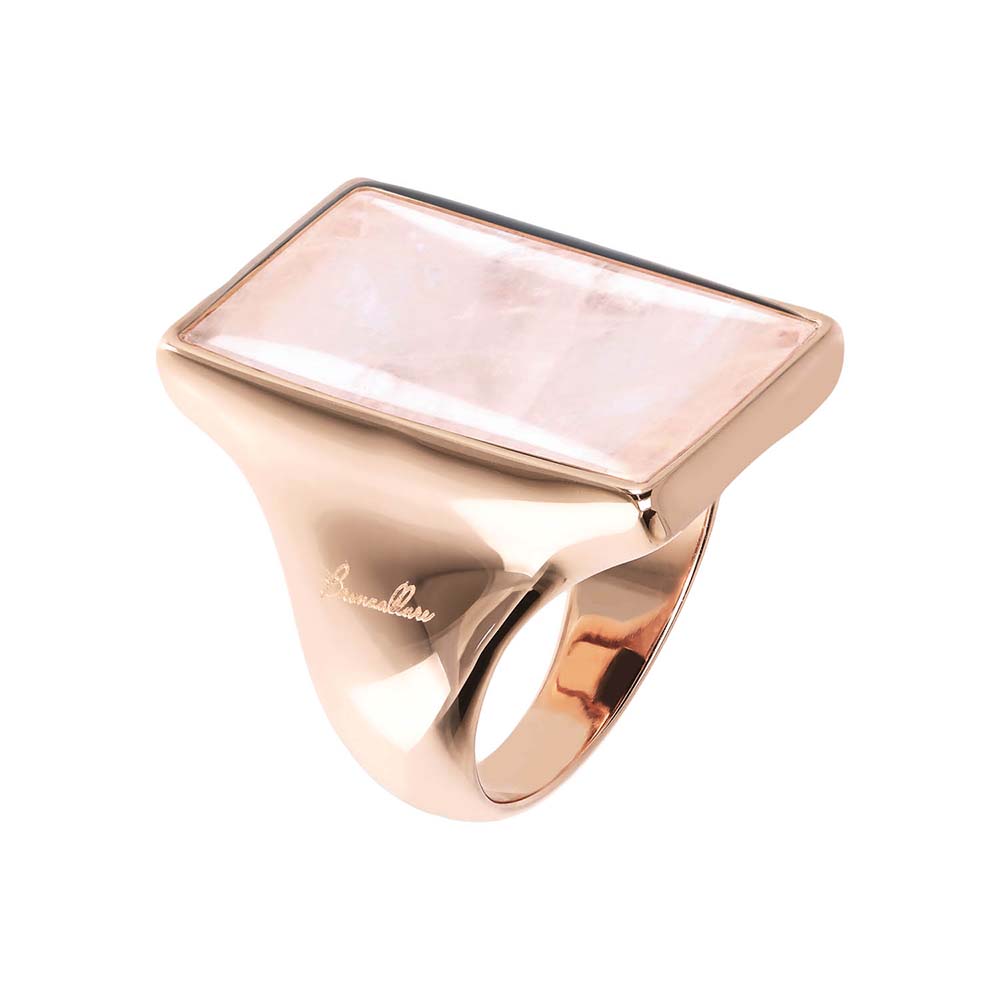 Bronzallure Alba Rose Gold Plated Sterling Silver Rectangular Rose Quartz Ring