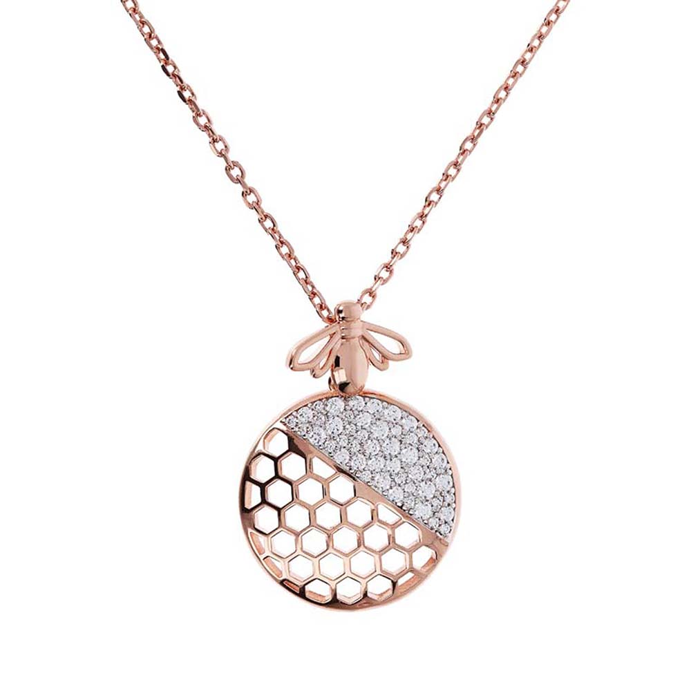 Bronzallure Rose Gold Plated Sterling Silver White CZ Bee Pendant on 55.9cm Chain