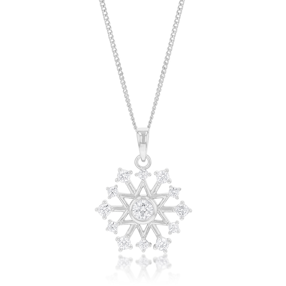Sterling Silver Cubic Zirconia On Snowflake Pendant