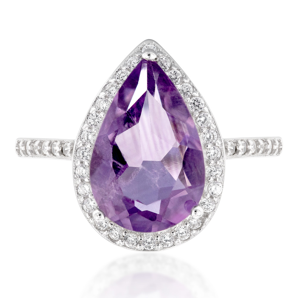 Sterling Silver Amethyst and Zirconia Pear Ring