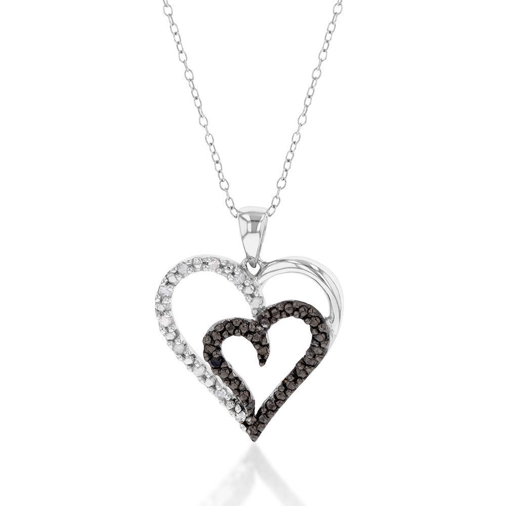 Sterling Silver 0.10 Carat Black and White  Diamond Heart Pendant on 45cm Chain