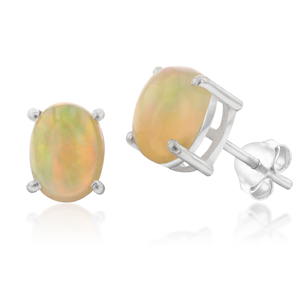 Sterling Silver Natural Opal Oval Studs