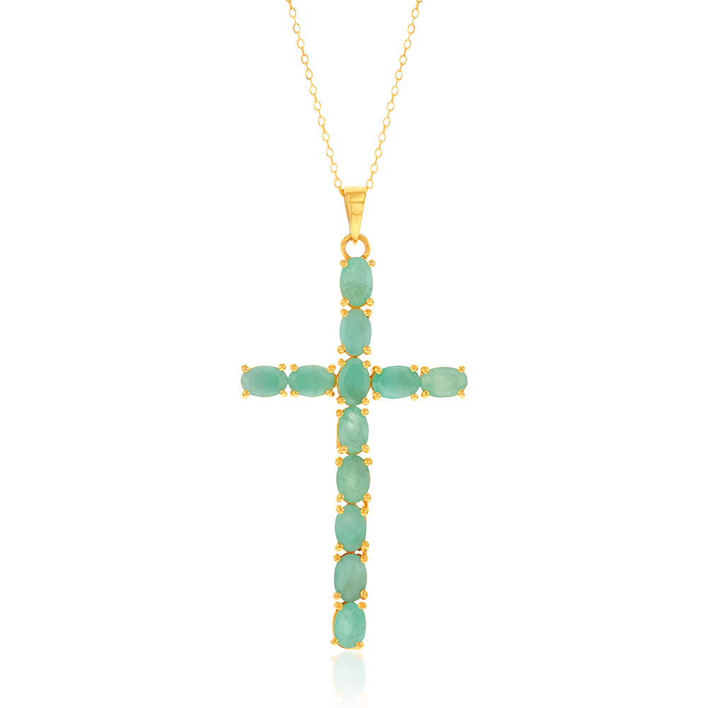 Sterling Silver Yellow Gold Plated 6.00ct Natural Emerald Cross Pendant