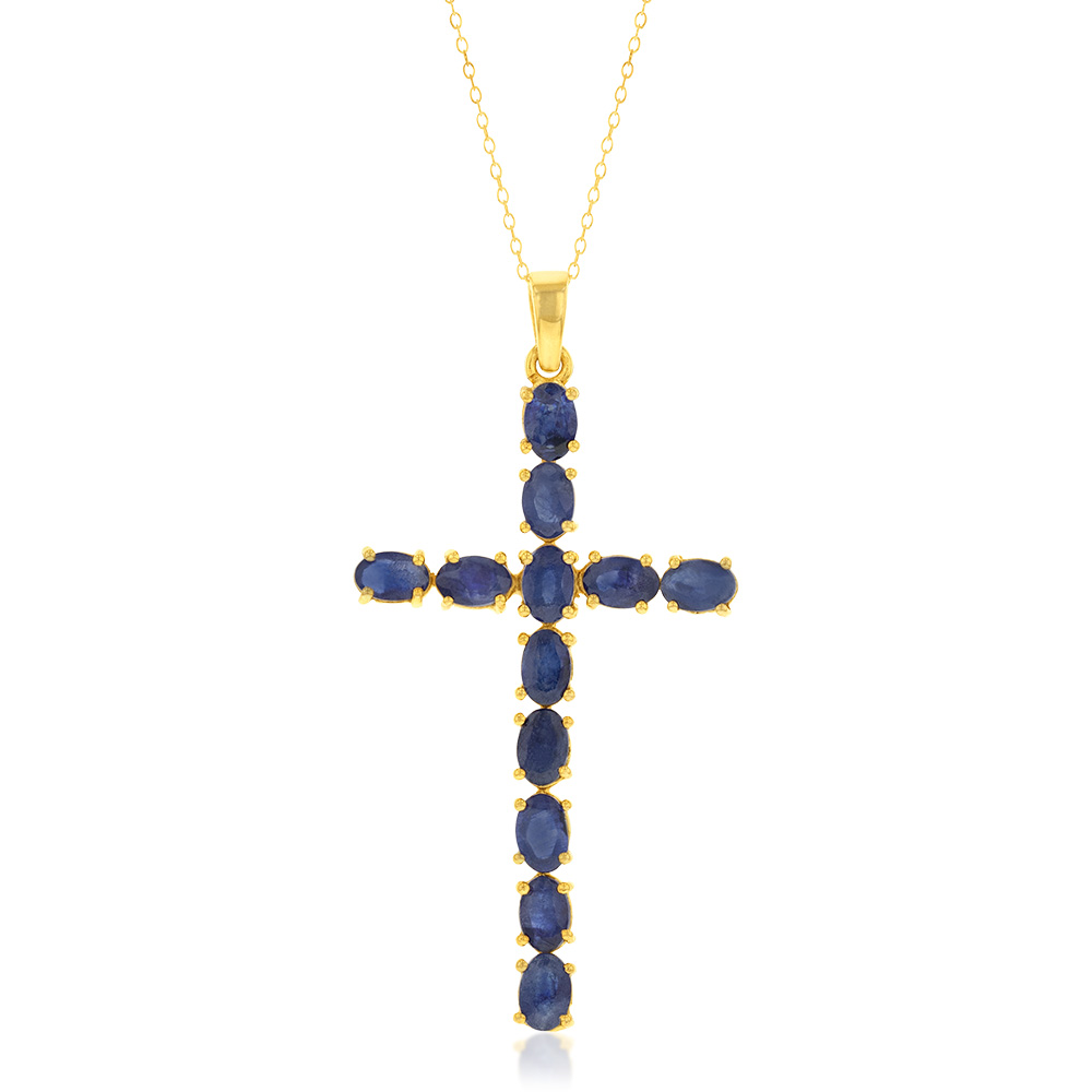 Sterling Silver Yellow Gold Plated 6.00ct Natural Sapphire Cross Pendant