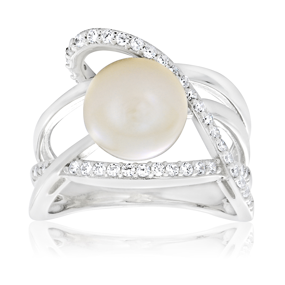 Freshwater Cultured Pearl Ring for Women THE PEARL SOURCE Tessa Ring with Sterling Silver and Crystals 
