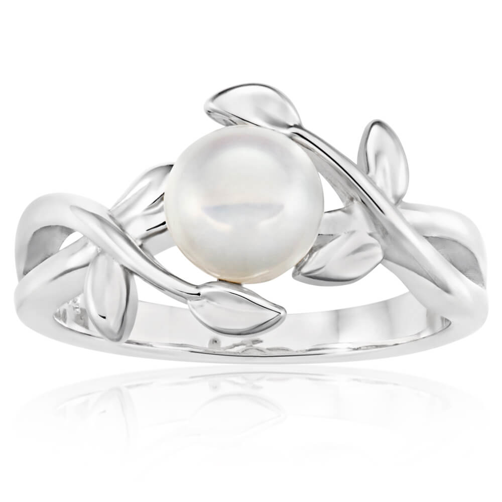 Sterling Silver Rhodium Plated Freshwater Pearl Leaf Twine Ring