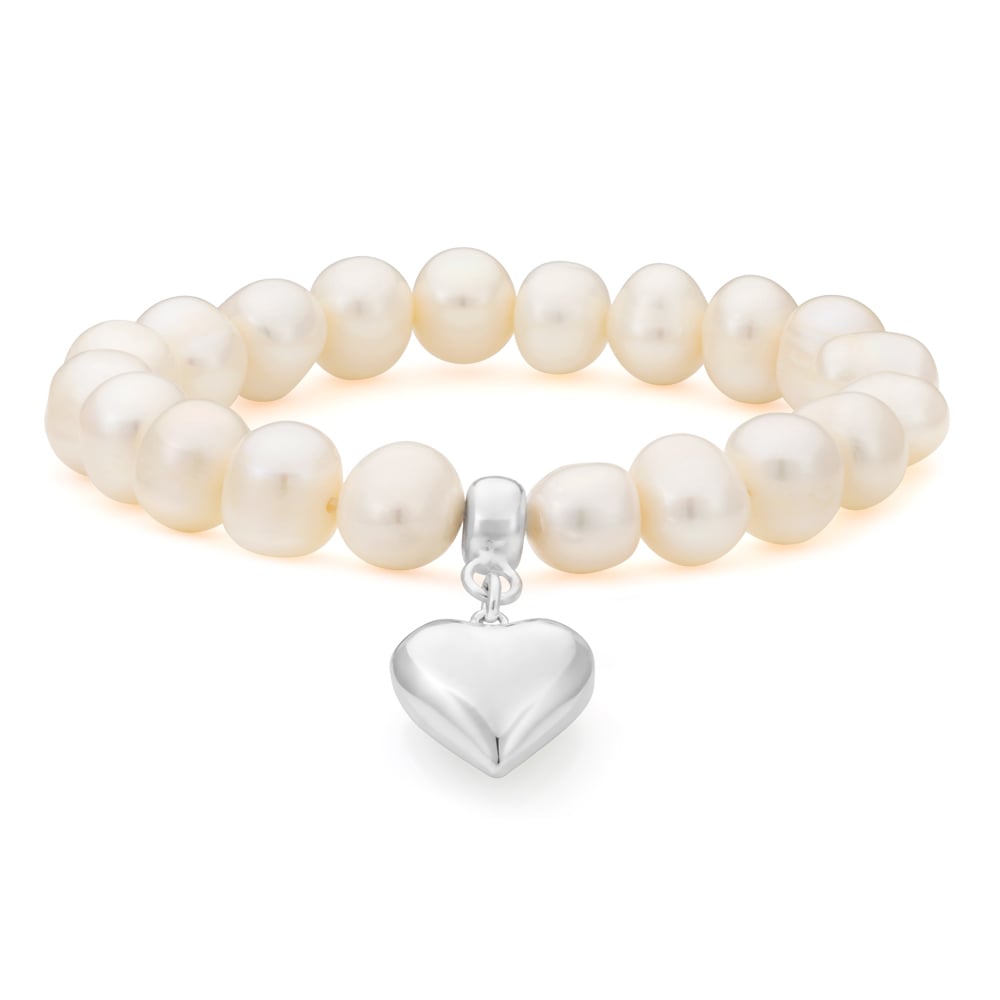 White 10mm Freshwater Pearl and Heart Charm Bracelet