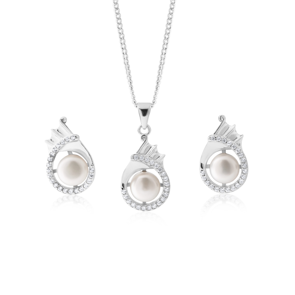 FRESHWATER PEARL EARRINGS & PENDANT SET SS WITH CHAIN