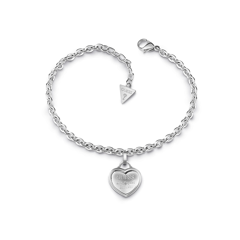 GUESS Silver Plated Engraved Drop Heart Bracelet