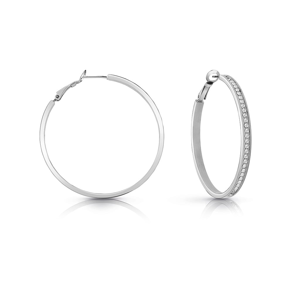 GUESS Silver Plated 50mm Front Crystal Pave Hoops