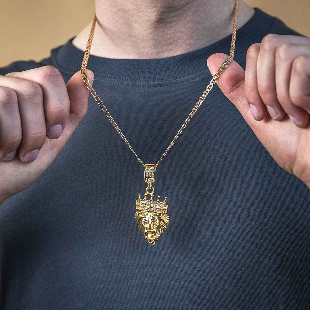 Stainless Steel and Gold Plated Crystal  Lion Head with Crown Pendant